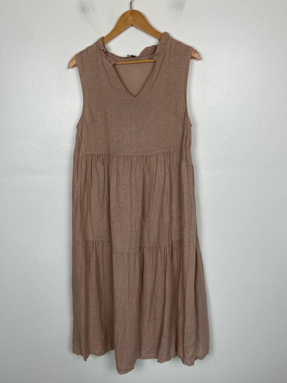 Le Ragazze Italian Linen Tiered Midi Dress SzS Soft Pink Coastal Beach Cruise